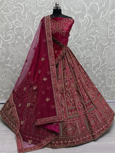 Awesome Hot Pink Sequins Velvet Bridal Lehenga Choli With Double Dupatta - Ethnic Plus In